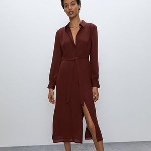 Babaton Burgundy Tie-Waist Long Sleeve Midi Dress